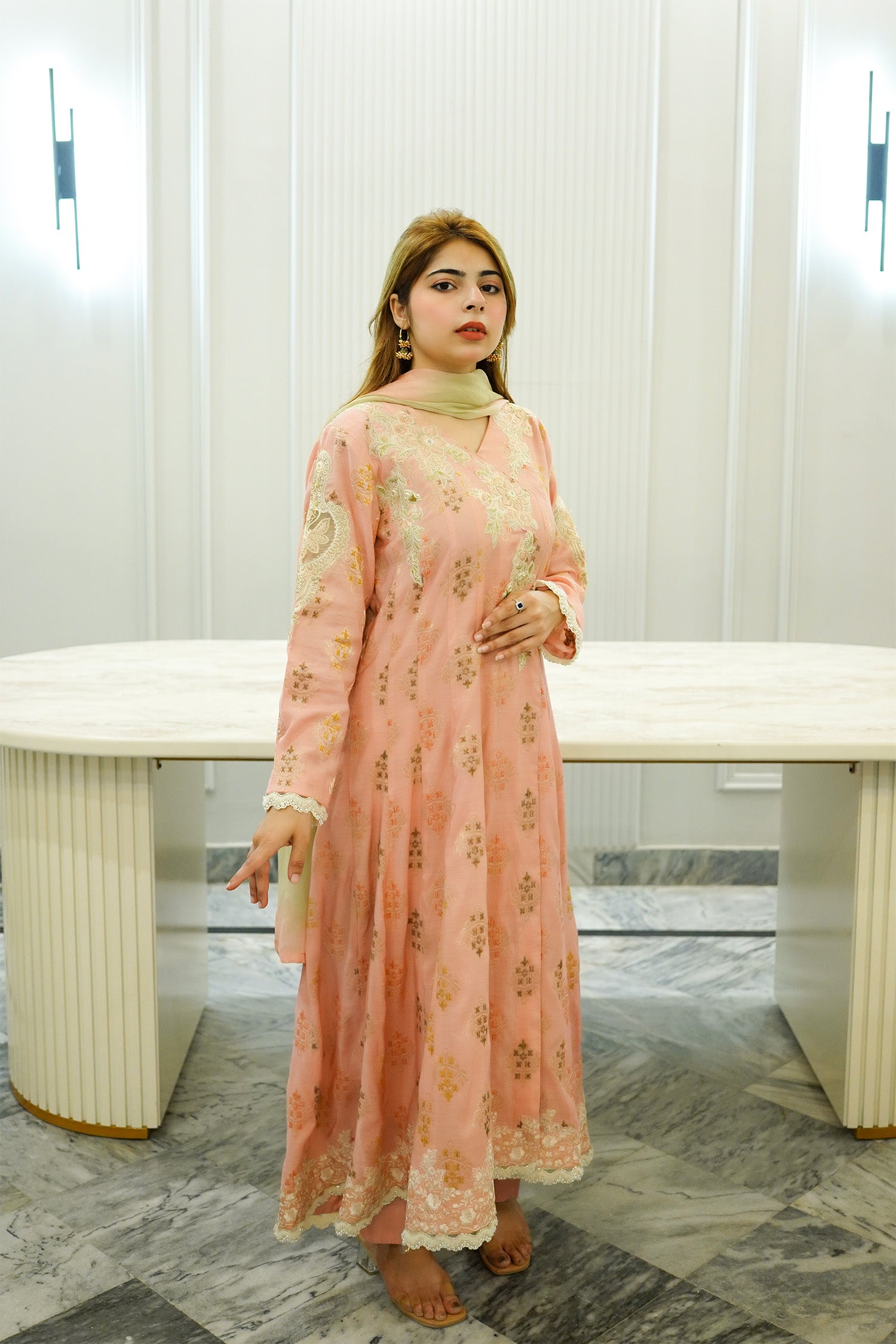 Peach Embellished A-Line Tunic Suit
