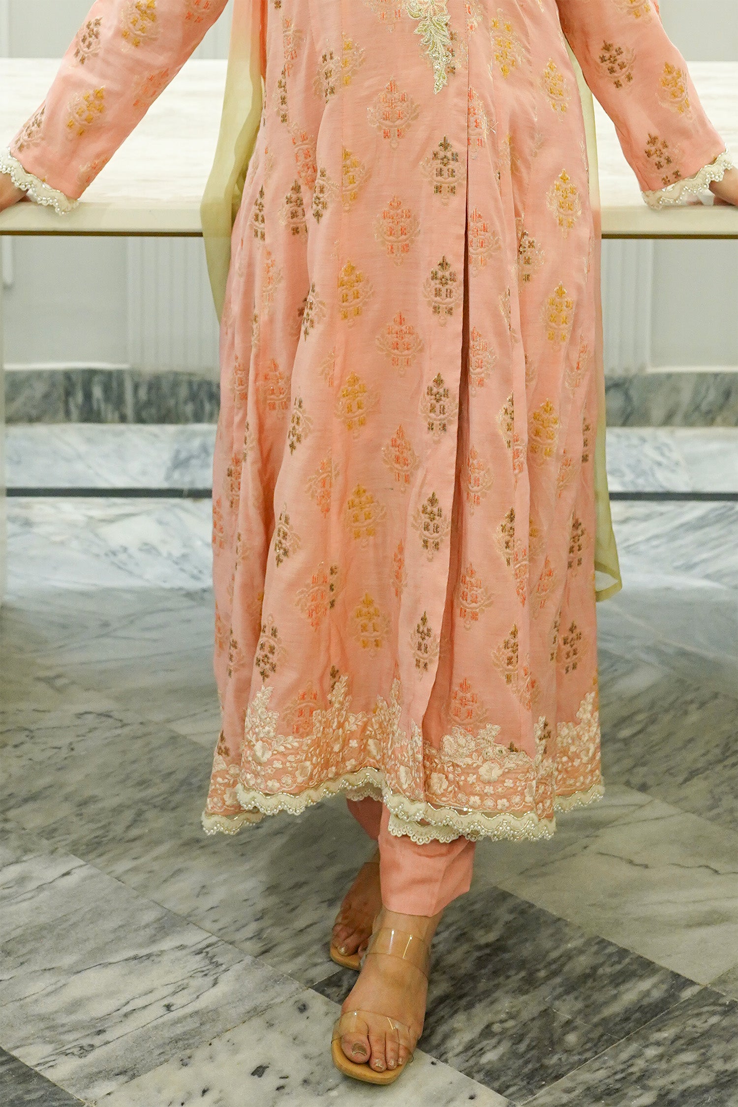 Peach Embellished A-Line Tunic Suit