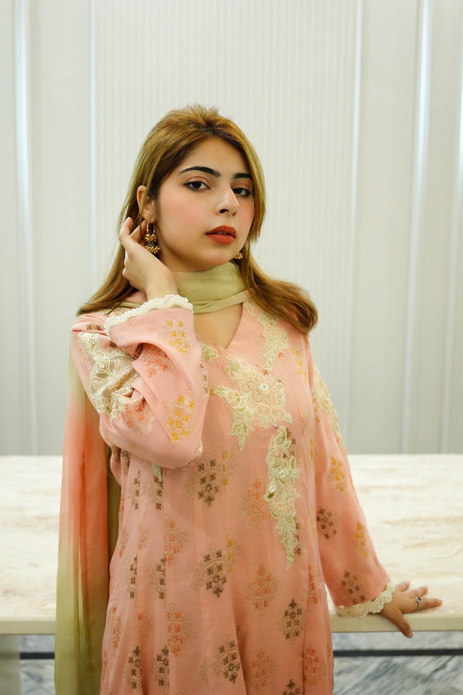 Peach Embellished A-Line Tunic Suit