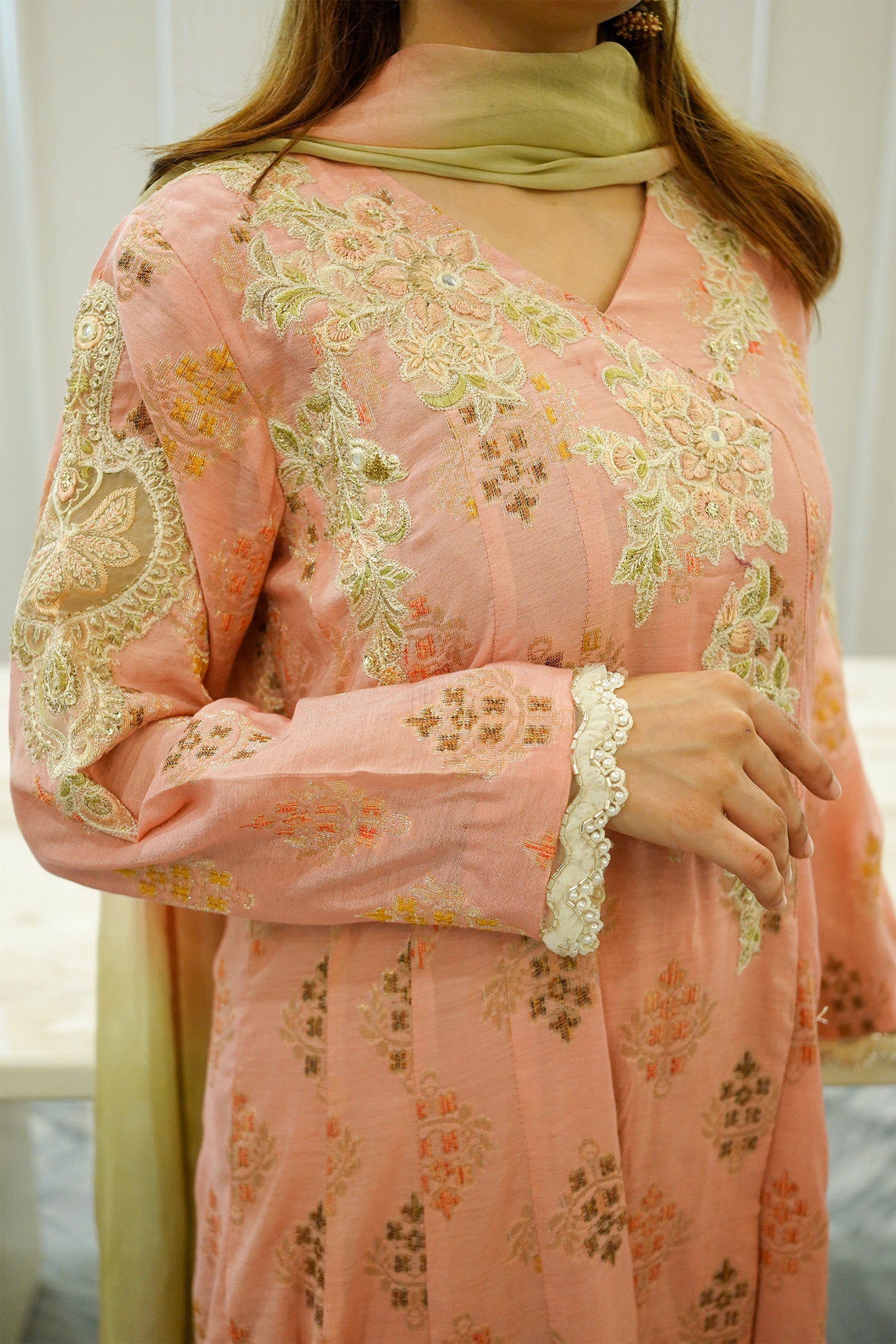 Peach Embellished A-Line Tunic Suit