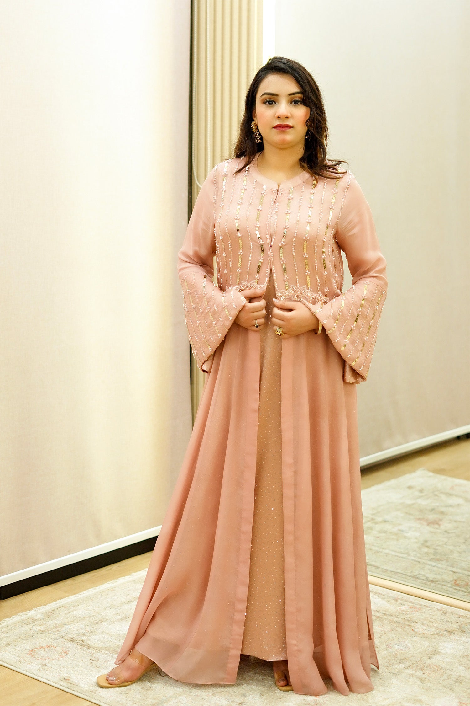 Peach Embellished Jacket Gown